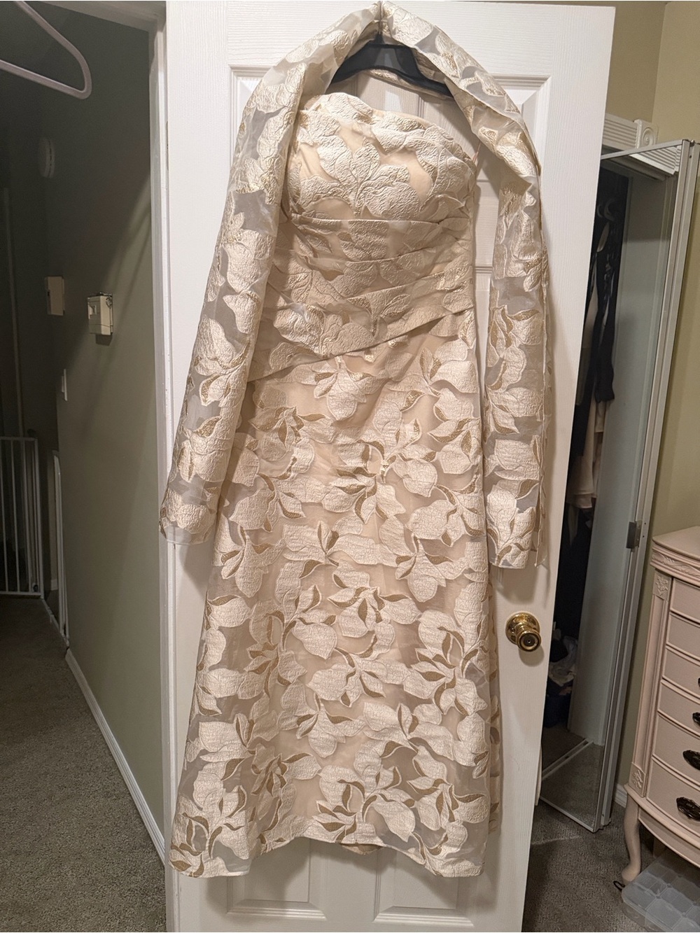 Jovani Cream Floral Jacquard Midi Dress with Matching Jacket
